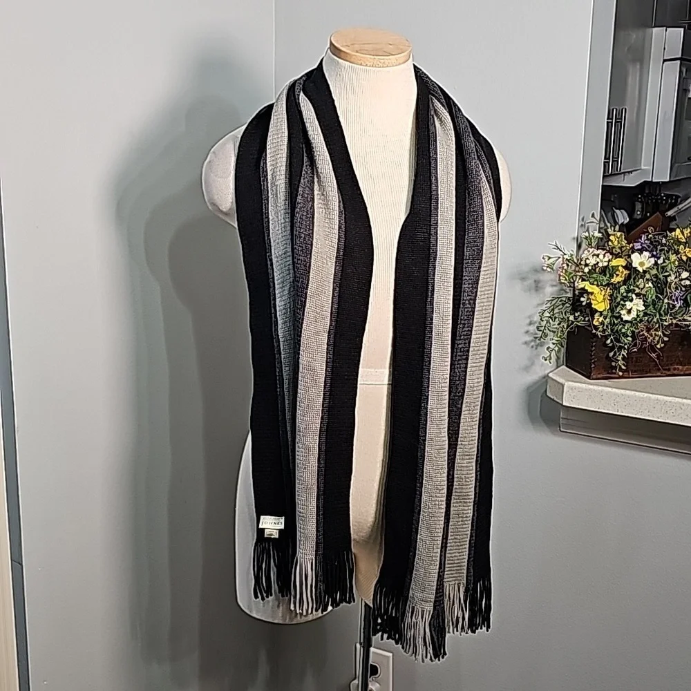Scarf gray and black striped with fringe. By Fownes 💯% acrylic. 10